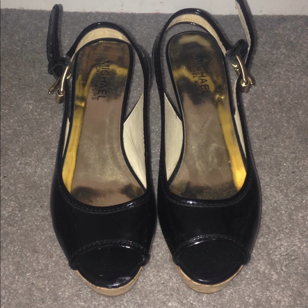 Black shiny wedge heels